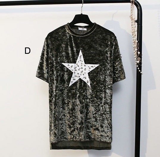 レディース　ベロア　スタッズ　星柄　Tシャツ　半袖　ショートスリーブ　人気　春　夏物　女性　大人　カジュアル　キュート　可愛い　フェミニン　上品　おしゃれ　ファッション　オリーブ　フリーサイズ　ワンサイズ　送料無料
