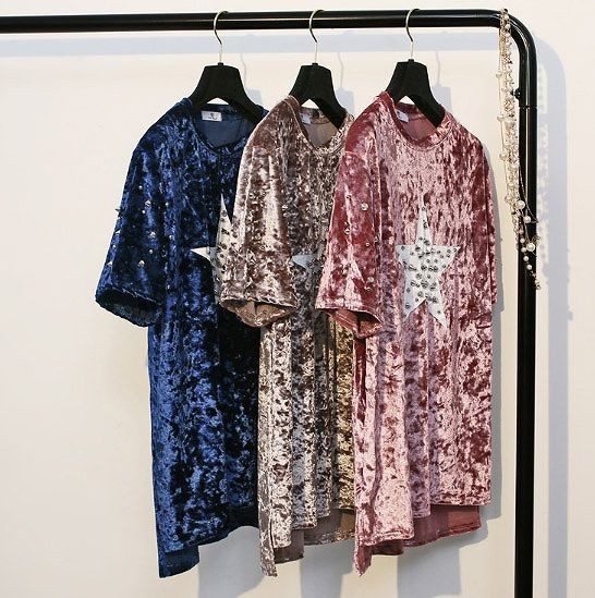 レディース　ベロア　スタッズ　星柄　Tシャツ　半袖　ショートスリーブ　人気　春　夏物　女性　大人　カジュアル　キュート　可愛い　フェミニン　上品　おしゃれ　ファッション　オリーブ　フリーサイズ　ワンサイズ　送料無料