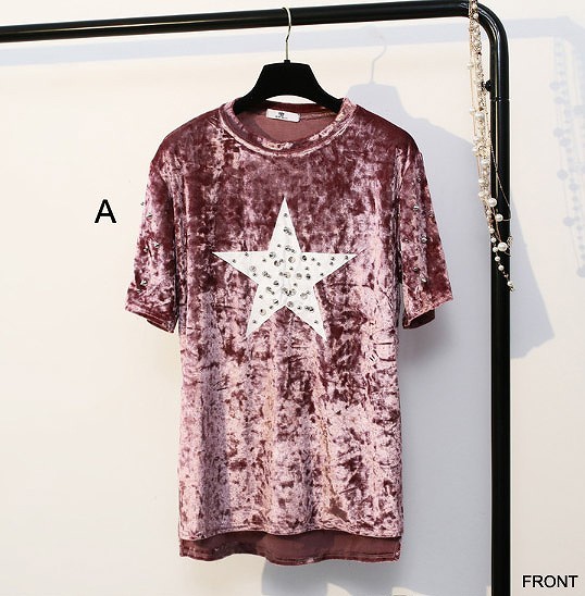レディース　ベロア　スタッズ　星柄　Tシャツ　半袖　ショートスリーブ　人気　春　夏物　女性　大人　カジュアル　キュート　可愛い　フェミニン　上品　おしゃれ　ファッション　オリーブ　フリーサイズ　ワンサイズ　送料無料