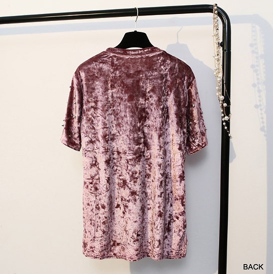 レディース　ベロア　スタッズ　星柄　Tシャツ　半袖　ショートスリーブ　人気　春　夏物　女性　大人　カジュアル　キュート　可愛い　フェミニン　上品　おしゃれ　ファッション　オリーブ　フリーサイズ　ワンサイズ　送料無料