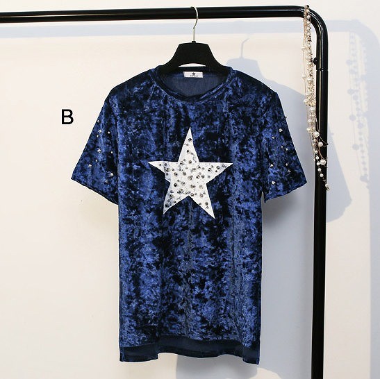 レディース　ベロア　スタッズ　星柄　Tシャツ　半袖　ショートスリーブ　人気　春　夏物　女性　大人　カジュアル　キュート　可愛い　フェミニン　上品　おしゃれ　ファッション　オリーブ　フリーサイズ　ワンサイズ　送料無料