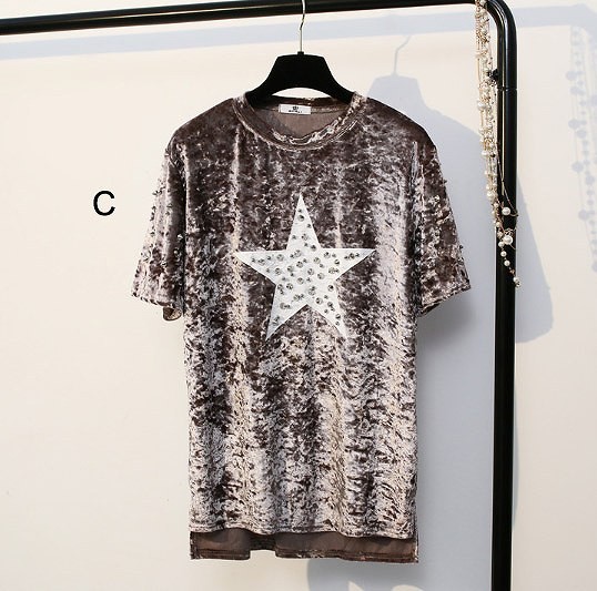 レディース　ベロア　スタッズ　星柄　Tシャツ　半袖　ショートスリーブ　人気　春　夏物　女性　大人　カジュアル　キュート　可愛い　フェミニン　上品　おしゃれ　ファッション　オリーブ　フリーサイズ　ワンサイズ　送料無料