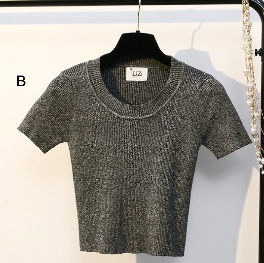 レディース　カットソー　ニット　ショート丈　半袖　ラウンドネック　人気　春　夏物　女性　大人　カジュアル　キュート　可愛い　フェミニン　上品　おしゃれ　ファッション　ホワイト　ブラック　グレー　ブラウン　フリーサイズ　ワンサイズ　送料無料