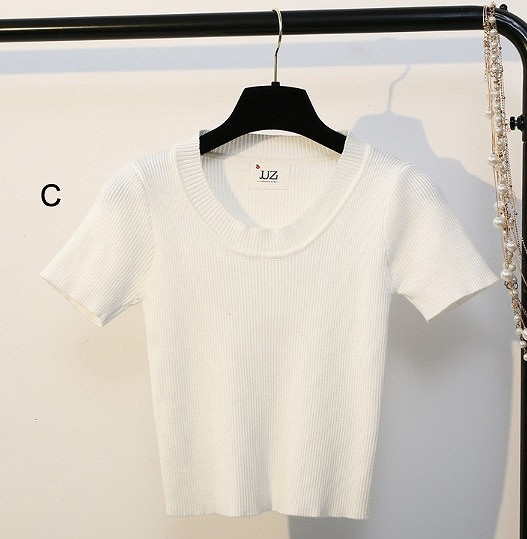 レディース　カットソー　ニット　ショート丈　半袖　ラウンドネック　人気　春　夏物　女性　大人　カジュアル　キュート　可愛い　フェミニン　上品　おしゃれ　ファッション　ホワイト　ブラック　グレー　ブラウン　フリーサイズ　ワンサイズ　送料無料