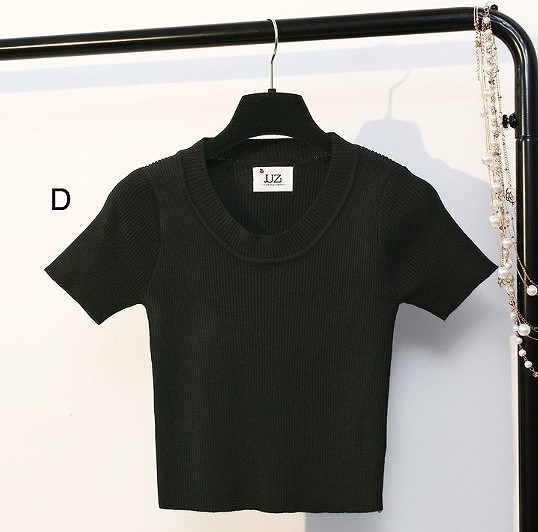 レディース　カットソー　ニット　ショート丈　半袖　ラウンドネック　人気　春　夏物　女性　大人　カジュアル　キュート　可愛い　フェミニン　上品　おしゃれ　ファッション　ホワイト　ブラック　グレー　ブラウン　フリーサイズ　ワンサイズ　送料無料