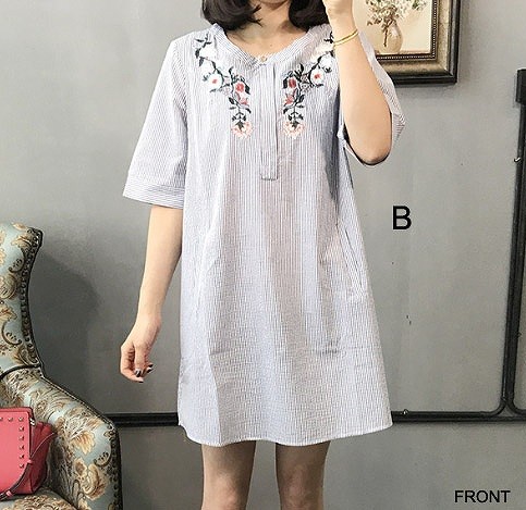 レディース　花柄　刺繍　ひざ上丈　ショート丈　ワンピース　ストライプ　半袖　人気　春物　夏物　女性　大人　カジュアル　キュート　可愛い　フェミニン　おしゃれ　ファッション　グレー　ピンク　ブルー　フリーサイズ　ワンサイズ　送料無料