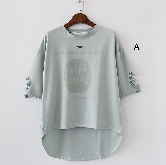 レディース　クラッシュ加工　ダメージ　Tシャツ　半袖　クルーネック　トップス　人気　春　夏物　女性　大人　カジュアル　キュート　可愛い　フェミニン　セクシー　おしゃれ　ファッション　グレー　ピンク　ホワイト　グリーン　フリーサイズ　ワンサイズ　送料無料