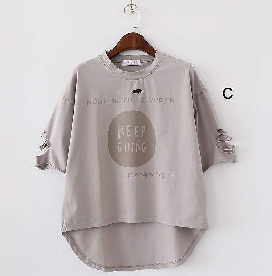 レディース　クラッシュ加工　ダメージ　Tシャツ　半袖　クルーネック　トップス　人気　春　夏物　女性　大人　カジュアル　キュート　可愛い　フェミニン　セクシー　おしゃれ　ファッション　グレー　ピンク　ホワイト　グリーン　フリーサイズ　ワンサイズ　送料無料