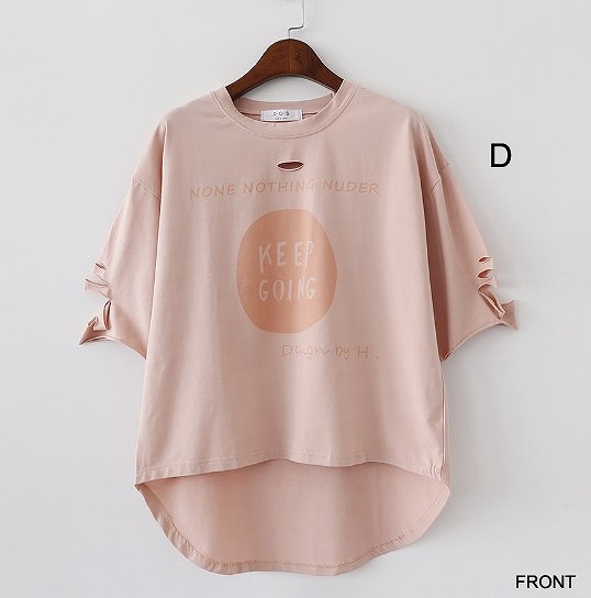 レディース　クラッシュ加工　ダメージ　Tシャツ　半袖　クルーネック　トップス　人気　春　夏物　女性　大人　カジュアル　キュート　可愛い　フェミニン　セクシー　おしゃれ　ファッション　グレー　ピンク　ホワイト　グリーン　フリーサイズ　ワンサイズ　送料無料