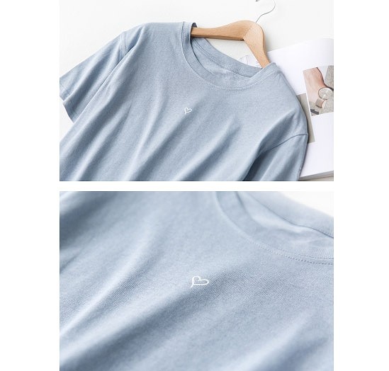 レディース　ハート　Tシャツ　半袖　ラウンドネック　クルーネック　トップス　人気　春　夏物　女性　大人　カジュアル　キュート　可愛い　フェミニン　セクシー　おしゃれ　ファッション　ブルー　ホワイト　ブラック　イエロー　フリーサイズ　ワンサイズ　送料無料