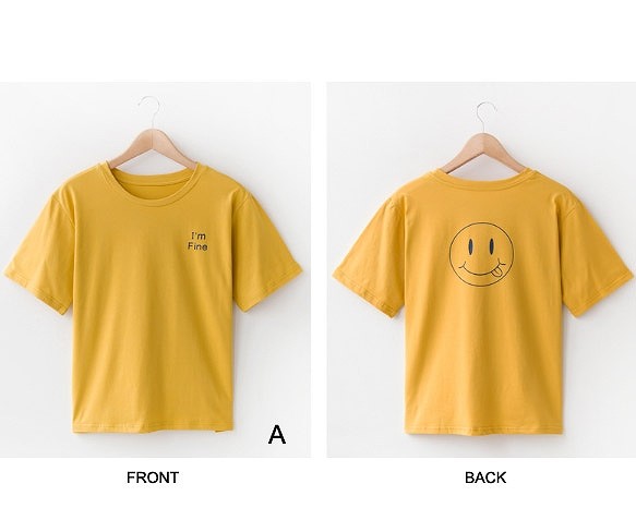 レディース　スマイル　プリント　Tシャツ　半袖　ラウンドネック　トップス　人気　春　夏物　女性　大人　カジュアル　キュート　可愛い　フェミニン　おしゃれ　ファッション　ホワイト　ネイビー　オレンジ　ブルー　フリーサイズ　ワンサイズ　送料無料