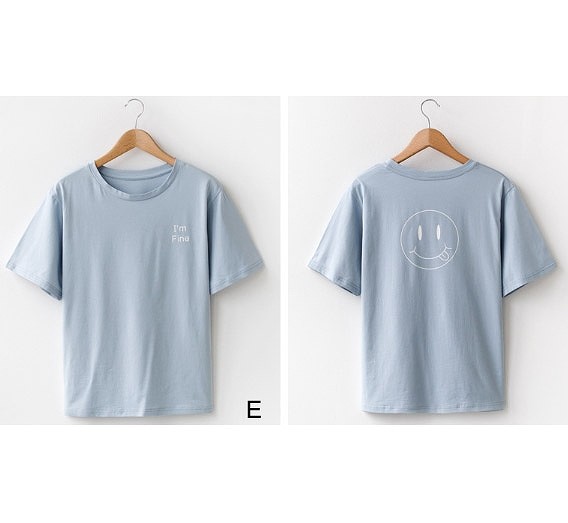 レディース　スマイル　プリント　Tシャツ　半袖　ラウンドネック　トップス　人気　春　夏物　女性　大人　カジュアル　キュート　可愛い　フェミニン　おしゃれ　ファッション　ホワイト　ネイビー　オレンジ　ブルー　フリーサイズ　ワンサイズ　送料無料