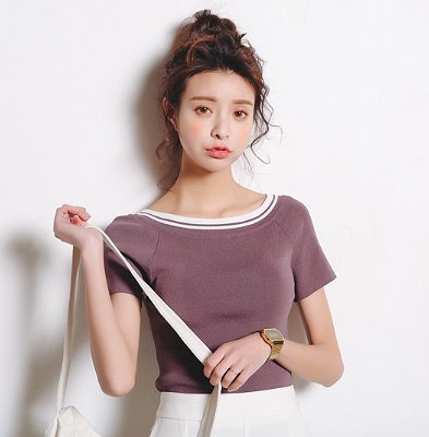 レディース　カットソー　ニット　セーター　半袖　ラウンドネック　トップス　人気　春　夏物　女性　大人　カジュアル　キュート　可愛い　フェミニン　おしゃれ　ファッション　ブルー　ピンク　パープル　ブラック　ネイビー　フリーサイズ　ワンサイズ　送料無料