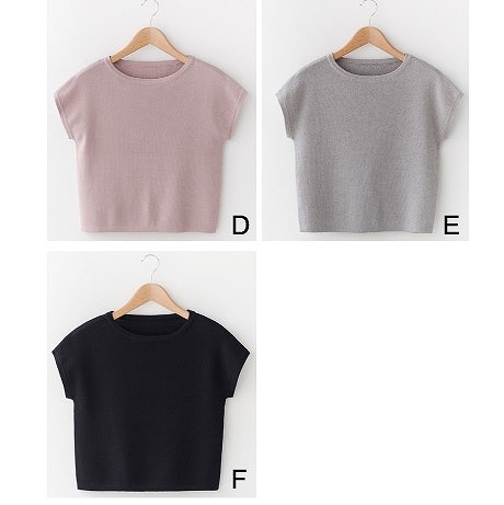 レディース　カットソー　ニット　セーター　半袖　ラウンドネック　トップス　人気　春　夏物　女性　大人　カジュアル　キュート　可愛い　フェミニン　おしゃれ　ファッション　ブルー　ピンク　パープル　ブラック　グレー　フリーサイズ　ワンサイズ　送料無料