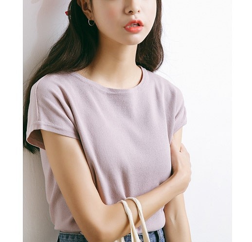 レディース　カットソー　ニット　セーター　半袖　ラウンドネック　トップス　人気　春　夏物　女性　大人　カジュアル　キュート　可愛い　フェミニン　おしゃれ　ファッション　ブルー　ピンク　パープル　ブラック　グレー　フリーサイズ　ワンサイズ　送料無料