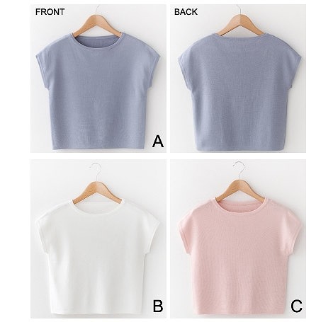 レディース　カットソー　ニット　セーター　半袖　ラウンドネック　トップス　人気　春　夏物　女性　大人　カジュアル　キュート　可愛い　フェミニン　おしゃれ　ファッション　ブルー　ピンク　パープル　ブラック　グレー　フリーサイズ　ワンサイズ　送料無料
