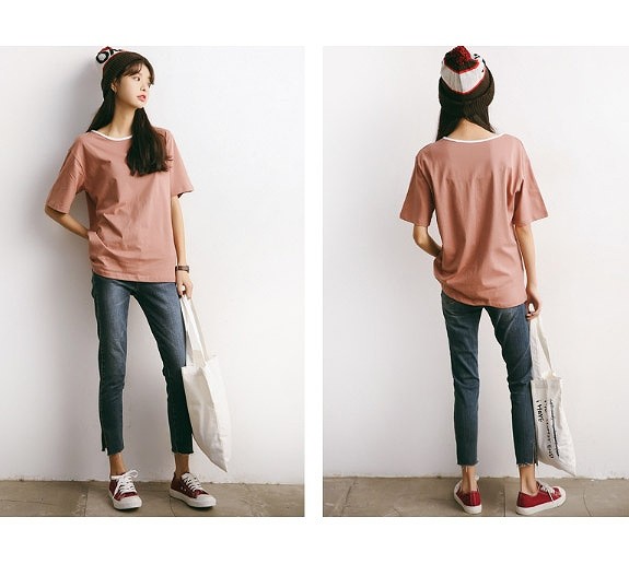 レディース　半袖　Tシャツ　ラウンドネック　トップス　人気　春　夏物　女性　大人　カジュアル　キュート　可愛い　フェミニン　おしゃれ　ファッション　ホワイト　ブルー　グリーン　ブラウン　フリーサイズ　ワンサイズ　送料無料
