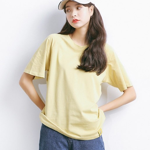 レディース　半袖　ラグランTシャツ　ラウンドネック　トップス　人気　春　夏物　女性　大人　カジュアル　キュート　可愛い　フェミニン　おしゃれ　ファッション　グリーン　オレンジ　イエロー　フリーサイズ　ワンサイズ　送料無料