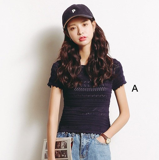 レディース　ニット　カットソー　半袖　Tシャツ　ラウンドネック　トップス　春物　夏物　女性　大人　カジュアル　可愛い　フェミニン　おしゃれ　ファッション　ネイビー　ブラック　フリーサイズ　ワンサイズ　送料無料