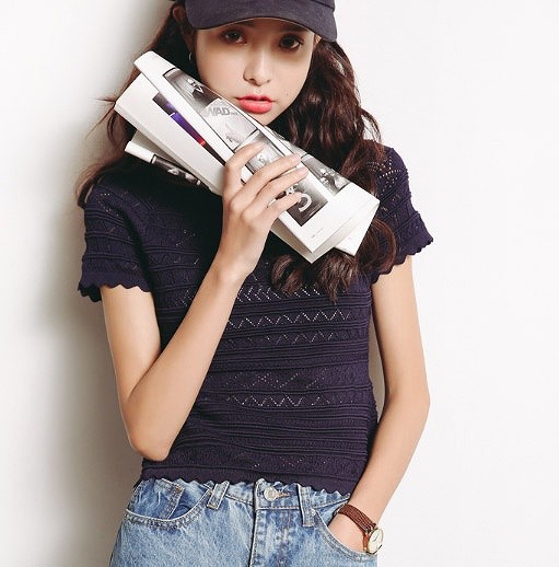 レディース　ニット　カットソー　半袖　Tシャツ　ラウンドネック　トップス　春物　夏物　女性　大人　カジュアル　可愛い　フェミニン　おしゃれ　ファッション　ネイビー　ブラック　フリーサイズ　ワンサイズ　送料無料