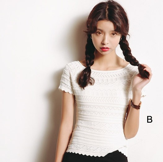 レディース　ニット　カットソー　半袖　Tシャツ　ラウンドネック　トップス　春物　夏物　女性　大人　カジュアル　可愛い　フェミニン　おしゃれ　ファッション　ネイビー　ブラック　フリーサイズ　ワンサイズ　送料無料