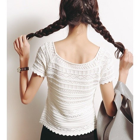 レディース　ニット　カットソー　半袖　Tシャツ　ラウンドネック　トップス　春物　夏物　女性　大人　カジュアル　可愛い　フェミニン　おしゃれ　ファッション　ネイビー　ブラック　フリーサイズ　ワンサイズ　送料無料