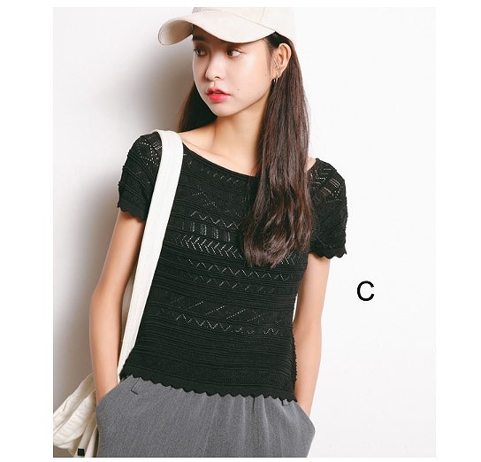 レディース　ニット　カットソー　半袖　Tシャツ　ラウンドネック　トップス　春物　夏物　女性　大人　カジュアル　可愛い　フェミニン　おしゃれ　ファッション　ネイビー　ブラック　フリーサイズ　ワンサイズ　送料無料