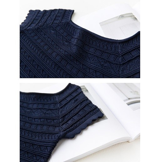 レディース　ニット　カットソー　半袖　Tシャツ　ラウンドネック　トップス　春物　夏物　女性　大人　カジュアル　可愛い　フェミニン　おしゃれ　ファッション　ネイビー　ブラック　フリーサイズ　ワンサイズ　送料無料