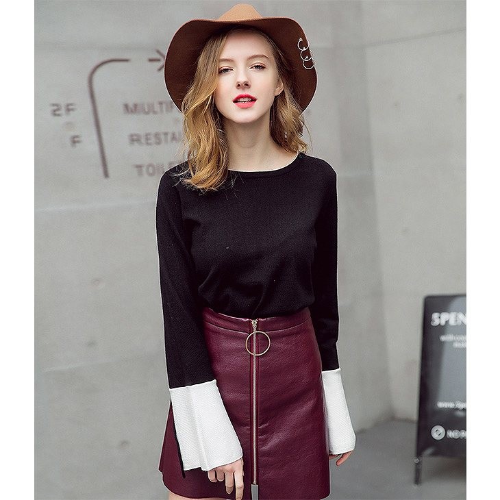 レディース　トップス　切替　カットソー　ラウンドネック　リボン　長袖　無地　シンプル　カジュアル　フリーサイズ　大人可愛い　フェミニン　デート　お出かけ　デイリー　ブラック　送料無料