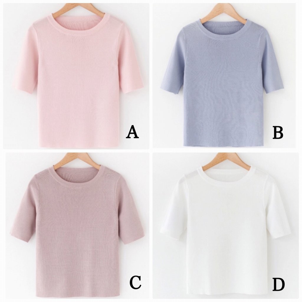 レディース　トップス　カットソー　無地　5分袖　カジュアル　フリーサイズ　大人可愛い　フェミニン　オフィス　デート　お出かけ　デイリー　ピンク　ブルー　ホワイト　ブラウン　ワイン　ブラック　送料無料