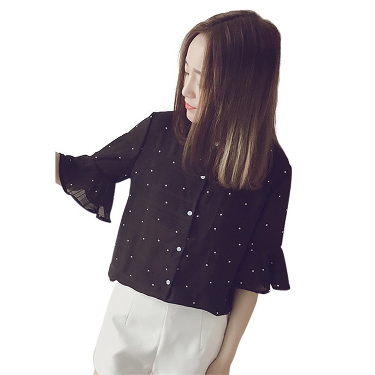 レディース　トップス　シフォン　シャツ　ブラウス　5分袖　ドット柄　水玉　春夏　シンプル　カジュアル　大きいサイズ　大人可愛い　フェミニン　デート　お出かけ　デイリー　ブラック　ホワイト　送料無料