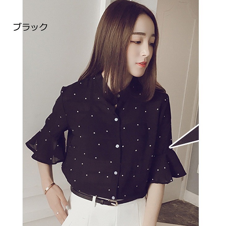レディース　トップス　シフォン　シャツ　ブラウス　5分袖　ドット柄　水玉　春夏　シンプル　カジュアル　大きいサイズ　大人可愛い　フェミニン　デート　お出かけ　デイリー　ブラック　ホワイト　送料無料
