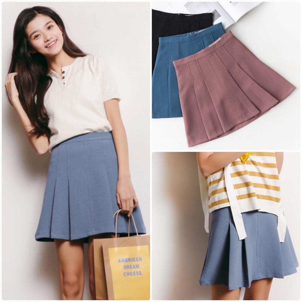 レディース　プリーツ　スカート　ハイウエスト　膝上丈　大人可愛い　春夏　無地　カジュアル　シンプル　オフィス　OL　デイリー　お出かけ　デート　ピンク　ブラック　ブルー　送料無料