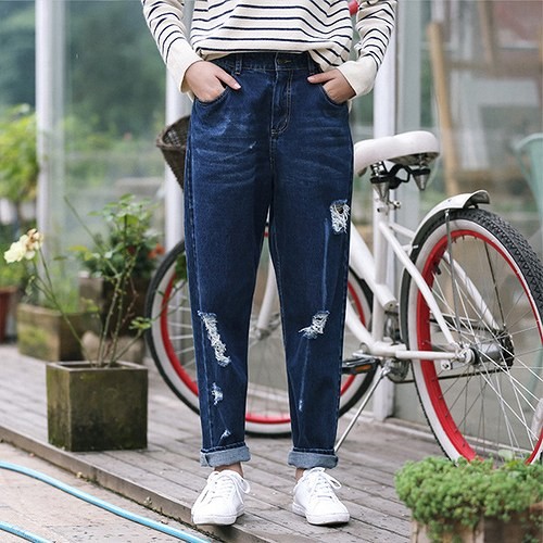 レディース デニム クラッシュデニム 穴空き ダメージジーンズ 甘辛コーデ リップドデニム 優秀デニム シンプル ワイルド カジュアル お出かけ デート デイリー 普段着 ネイビー 送料無料