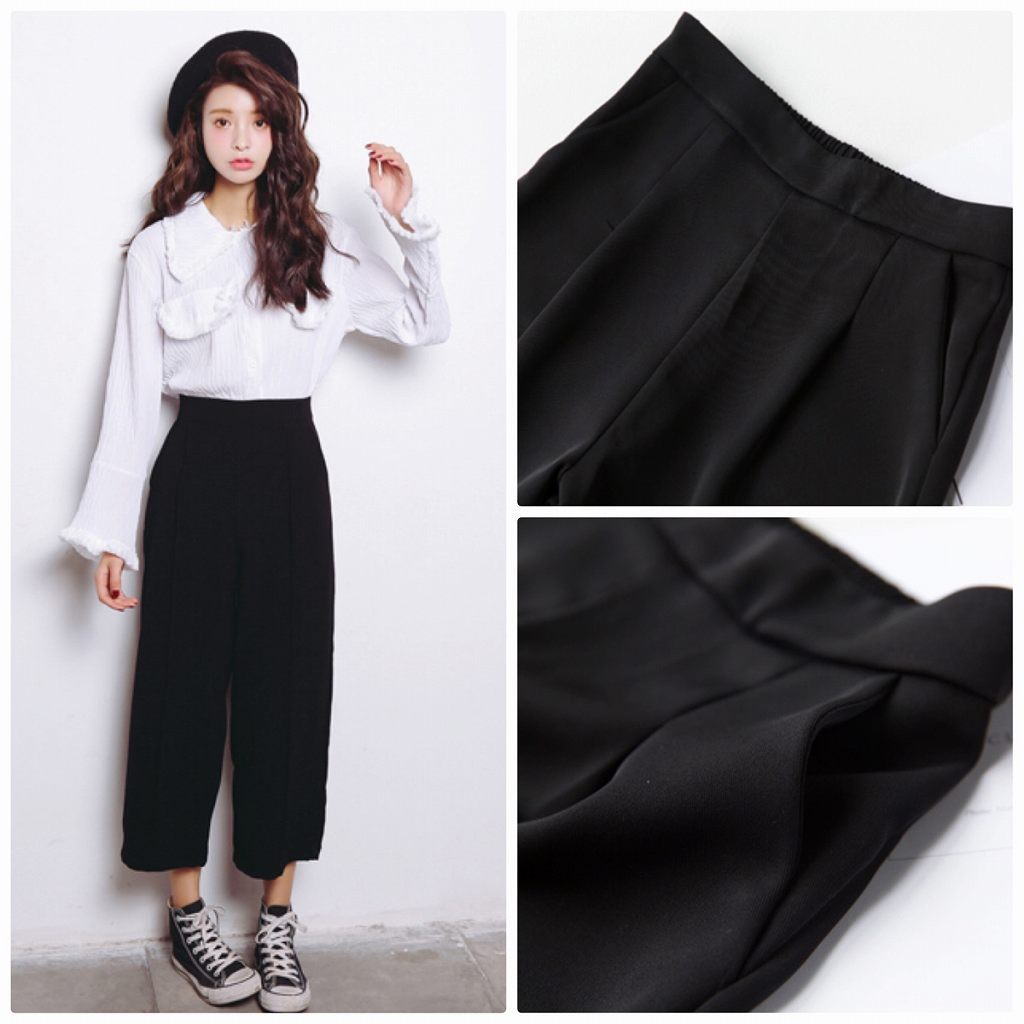 レディース　ワイドレッグパンツ　ハイウエスト　ゆったり　クロップド　半端丈　ボトムス　人気　春物　夏物　女性　大人　カジュアル　キュート　可愛い　フェミニン　セクシー　おしゃれ　ファッション　美脚　脚長　ブラック　黒　S　M　L　サイズ　送料無料