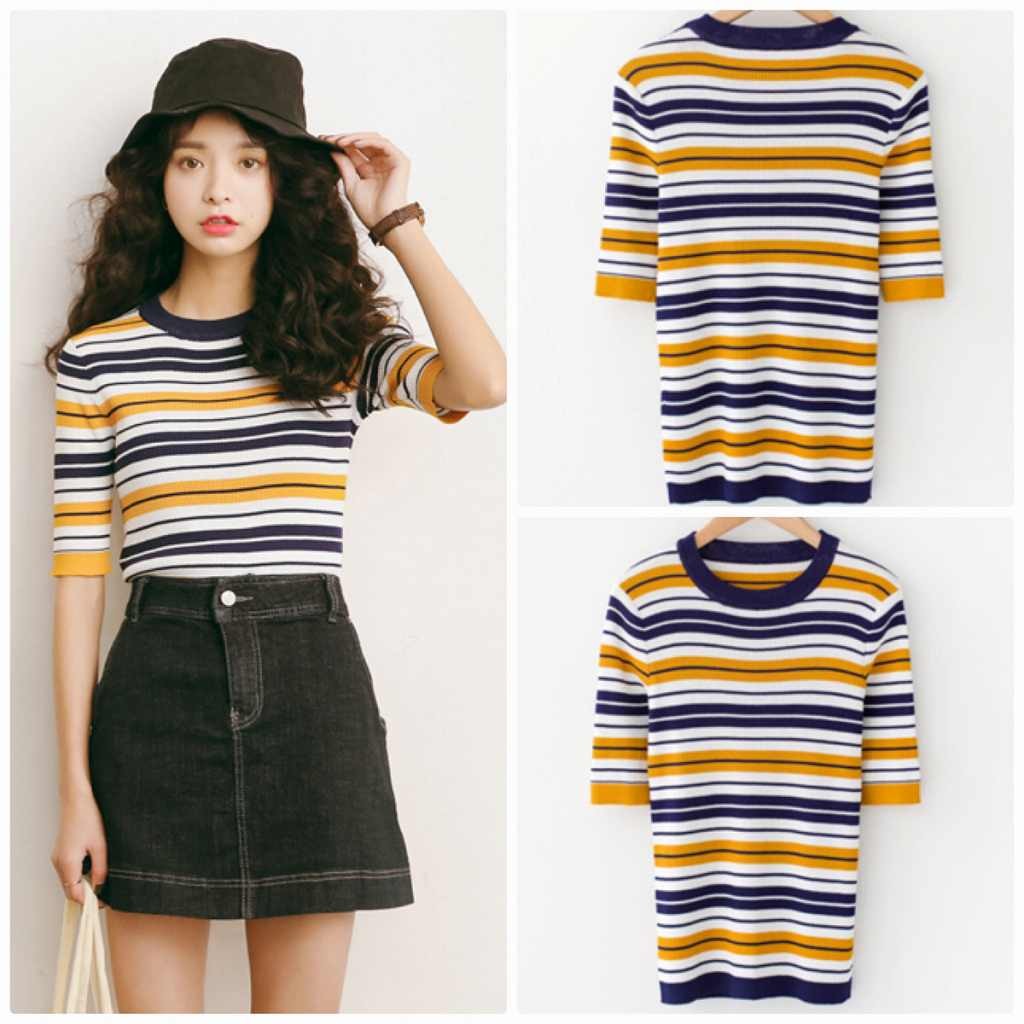 レディース　5分袖　ボーダー　Tシャツ　半袖　カットソー　クルーネック　トップス　人気　春　夏物　女性　大人　カジュアル　キュート　可愛い　フェミニン　おしゃれ　ファッション　ホワイト　イエロー　フリーサイズ　ワンサイズ　送料無料