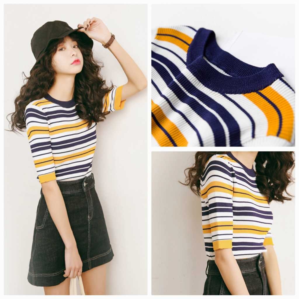 レディース　5分袖　ボーダー　Tシャツ　半袖　カットソー　クルーネック　トップス　人気　春　夏物　女性　大人　カジュアル　キュート　可愛い　フェミニン　おしゃれ　ファッション　ホワイト　イエロー　フリーサイズ　ワンサイズ　送料無料