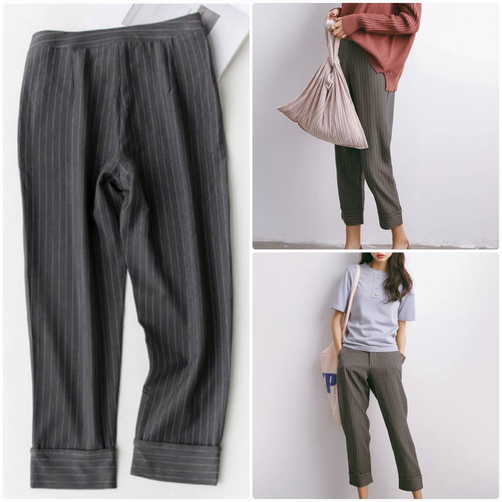 レディース　ストライプ　パンツ　ゆったり　クロップド　半端丈　ボトムス　人気　春物　夏物　女性　大人　カジュアル　キュート　可愛い　フェミニン　セクシー　おしゃれ　ファッション　美脚　脚長　美シルエット　ブラック　グレー　S　M　L　サイズ　送料無料