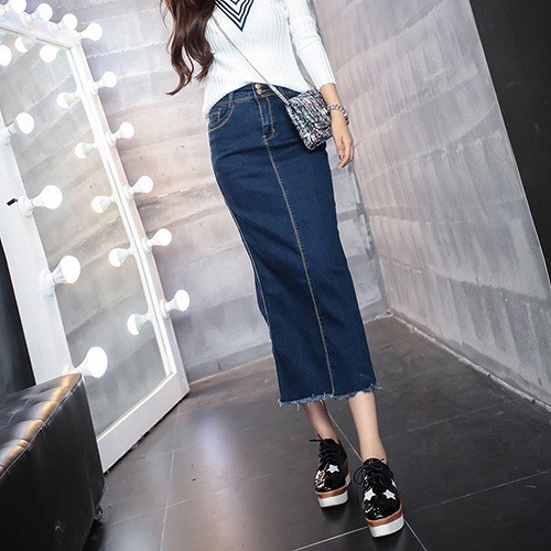 レディース　デニムスカート　ロング　スリム　タイト　カジュアル　お出かけ　デート　デイリー　普段着　ネイビー　豊富なサイズ　送料無料