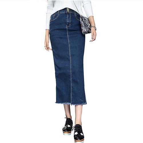 レディース　デニムスカート　ロング　スリム　タイト　カジュアル　お出かけ　デート　デイリー　普段着　ネイビー　豊富なサイズ　送料無料