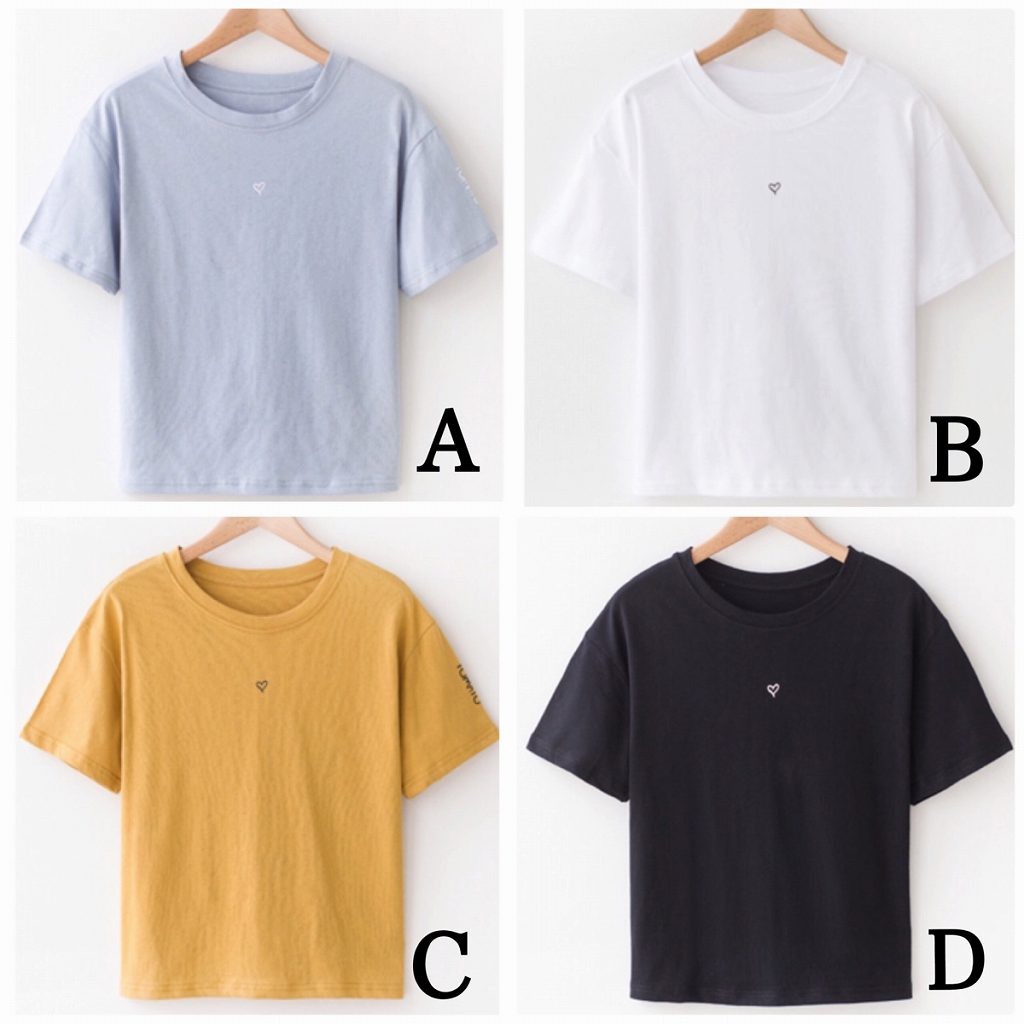 レディース　Tシャツ　半袖　ラウンドネック　ハート　トップス　人気　春　夏物　女性　大人　カジュアル　キュート　可愛い　フェミニン　おしゃれ　ファッション　ブラック　ブルー　イエロー　ホワイト　黒　白　フリーサイズ　ワンサイズ　送料無料
