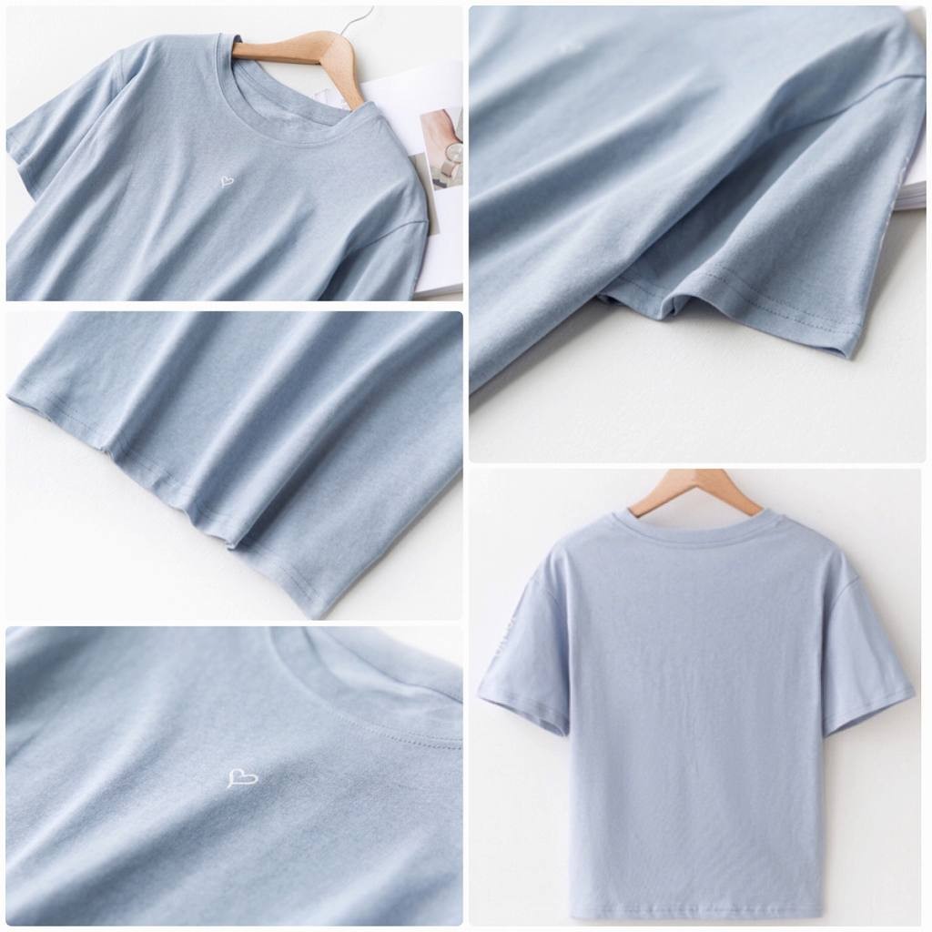 レディース　Tシャツ　半袖　ラウンドネック　ハート　トップス　人気　春　夏物　女性　大人　カジュアル　キュート　可愛い　フェミニン　おしゃれ　ファッション　ブラック　ブルー　イエロー　ホワイト　黒　白　フリーサイズ　ワンサイズ　送料無料