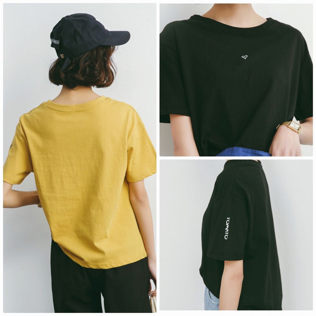 レディース　Tシャツ　半袖　ラウンドネック　ハート　トップス　人気　春　夏物　女性　大人　カジュアル　キュート　可愛い　フェミニン　おしゃれ　ファッション　ブラック　ブルー　イエロー　ホワイト　黒　白　フリーサイズ　ワンサイズ　送料無料