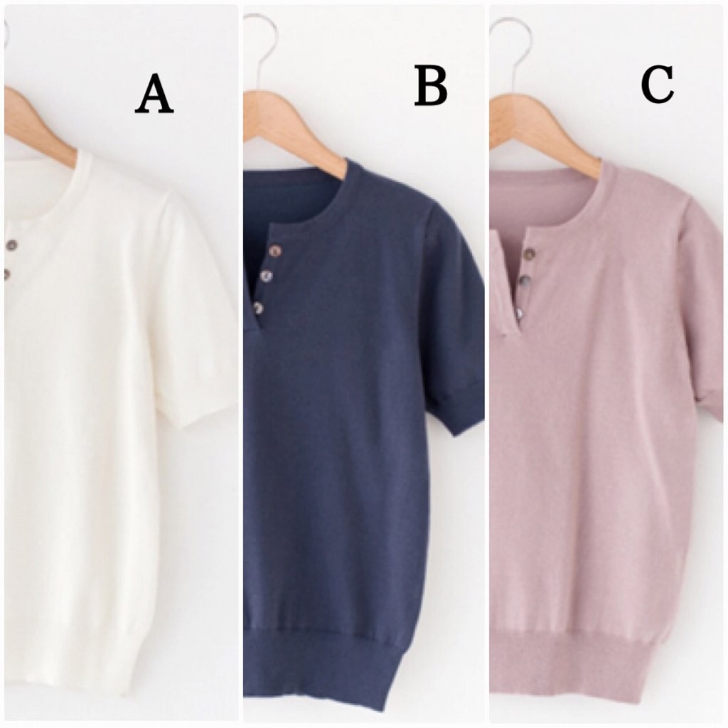 レディース　ヘンリーネック　Tシャツ　半袖　トップス　人気　春　夏物　女性　大人　カジュアル　キュート　可愛い　フェミニン　おしゃれ　ファッション　ブラック　ブルー　ホワイト　ピンク　グレー　フリーサイズ　ワンサイズ　送料無料
