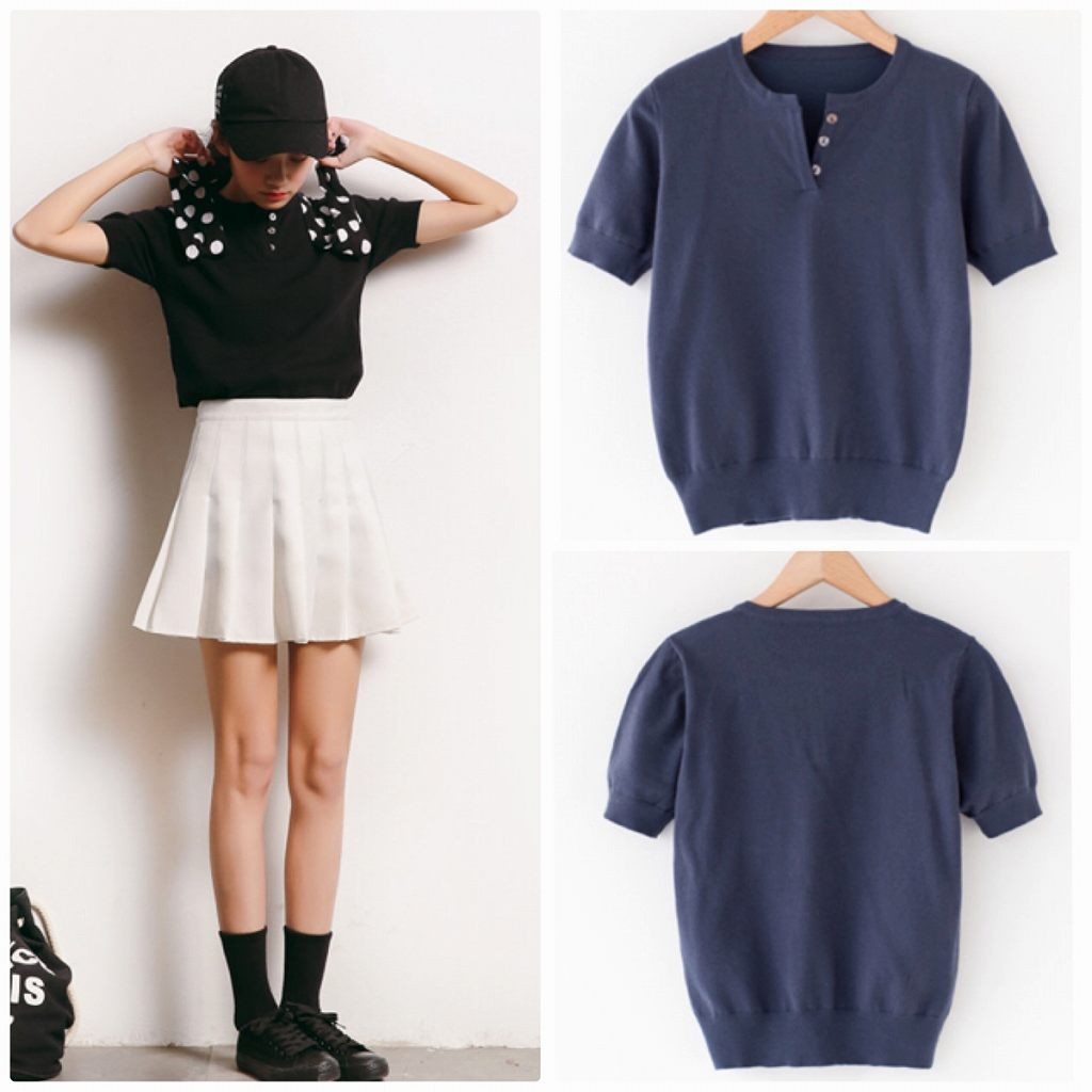 レディース　ヘンリーネック　Tシャツ　半袖　トップス　人気　春　夏物　女性　大人　カジュアル　キュート　可愛い　フェミニン　おしゃれ　ファッション　ブラック　ブルー　ホワイト　ピンク　グレー　フリーサイズ　ワンサイズ　送料無料