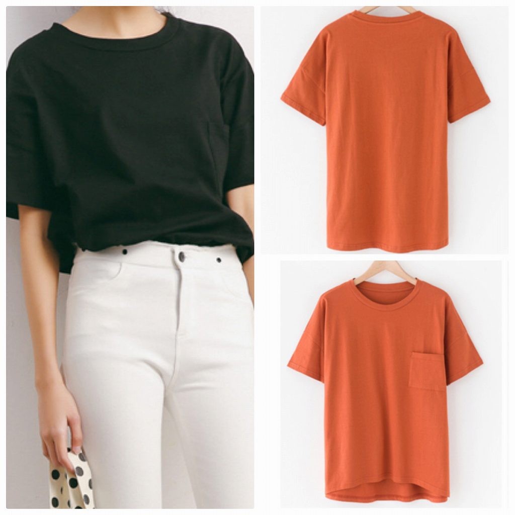 レディース　半袖　Tシャツ　クルーネック　ポケット　トップス　春物　夏物　女性　大人　カジュアル　可愛い　フェミニン　おしゃれ　ファッション　ブラック　ホワイト　オレンジ　グレー　ピンク　イエロー　ブルー　フリーサイズ　ワンサイズ　送料無料