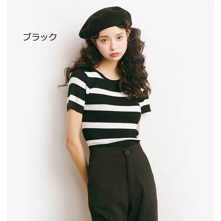 レディース　トップス　サマーニット　セーター　半袖　クルーネック　ボーダー　カジュアル　大人可愛い　フリーサイズ　フェミニン　デート　お出かけ　デイリー　ブラック　グレー　アイボリー　送料無料