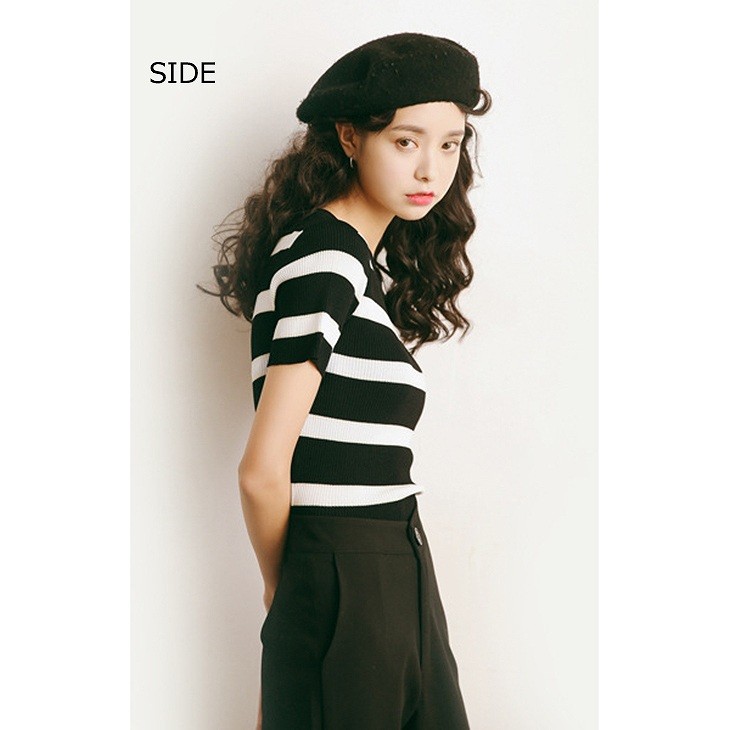 レディース　トップス　サマーニット　セーター　半袖　クルーネック　ボーダー　カジュアル　大人可愛い　フリーサイズ　フェミニン　デート　お出かけ　デイリー　ブラック　グレー　アイボリー　送料無料