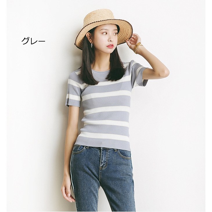 レディース　トップス　サマーニット　セーター　半袖　クルーネック　ボーダー　カジュアル　大人可愛い　フリーサイズ　フェミニン　デート　お出かけ　デイリー　ブラック　グレー　アイボリー　送料無料