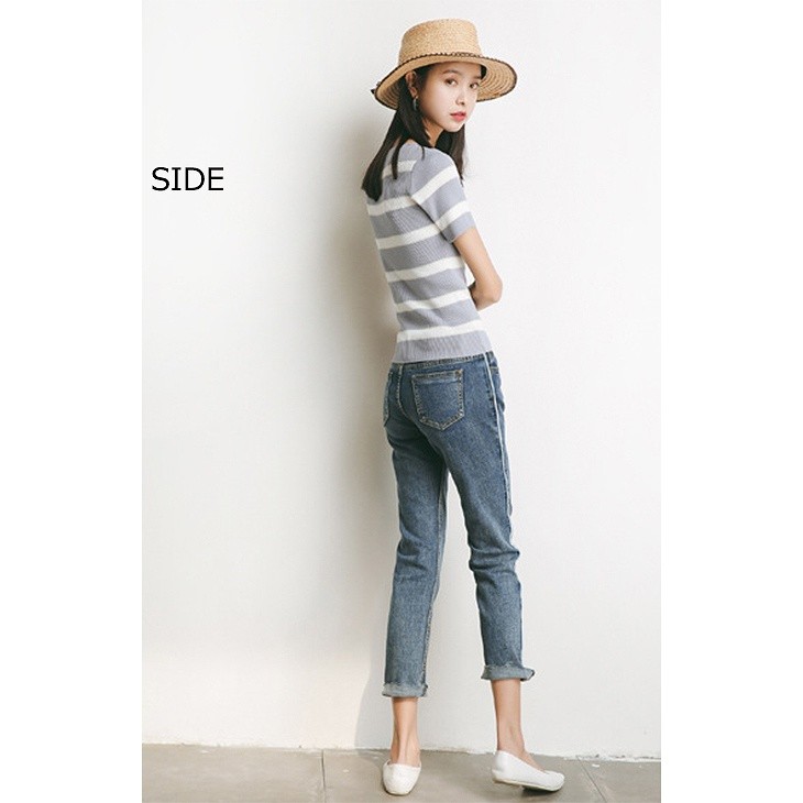 レディース　トップス　サマーニット　セーター　半袖　クルーネック　ボーダー　カジュアル　大人可愛い　フリーサイズ　フェミニン　デート　お出かけ　デイリー　ブラック　グレー　アイボリー　送料無料
